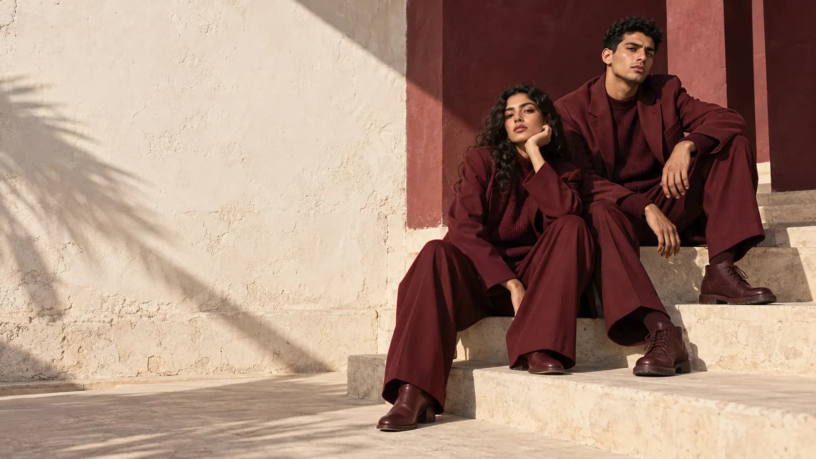 اتنين شباب لابسين بدل برجندي على سلالم حجر